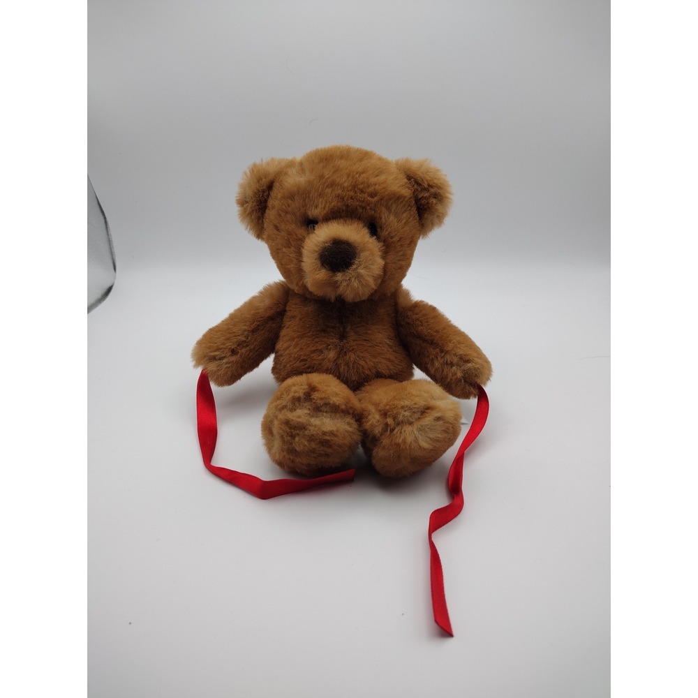Aurora World Bert Brown Teddy Bear Soft Plush Stuffed Animal Red Ribbon 9 inch